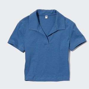 Uniqlo Women Cropped Skipper Short-Sleeve Polo Shirt (Medium, Blue)